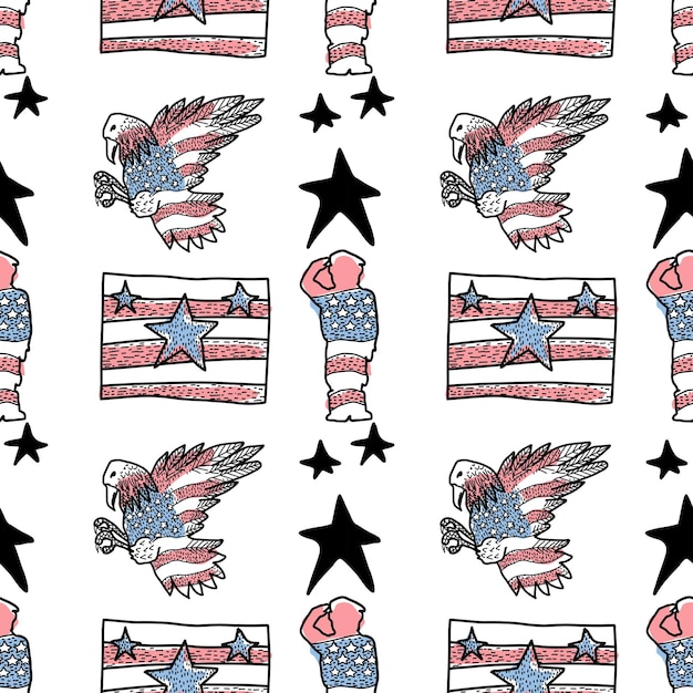 Vector veteran's day seamless pattern holiday vector background with patriotic symbols american flag soldier eagle red poppies