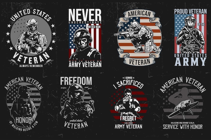 Vector veteran tshirt designs bundle american army vector tshirt tempalte military with american flag prints black background custom tshirt graphic