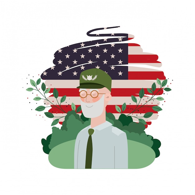 Veteran war old man with landscape and united states flag