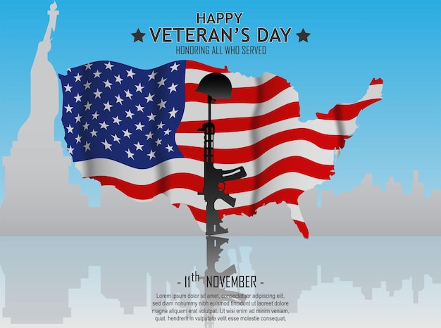 Vector veteranendag posterontwerp met amerikaanse vlag en silhouet van machinegeweren en soldatenhelm