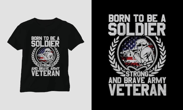 Veteranendag T-shirt Design met de soldaat, vlag, wapens en schedel. Vintage stijl met grunge