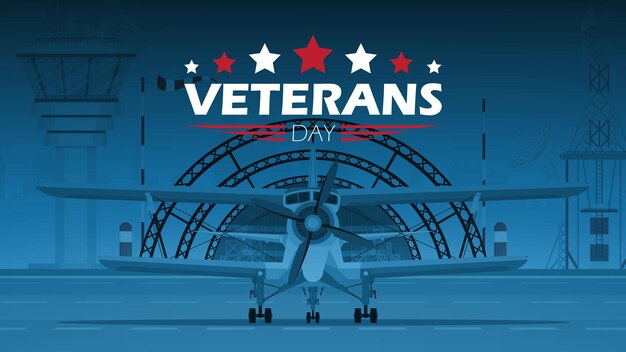 Vector veterans day banner military airport in the background vector cartoon style