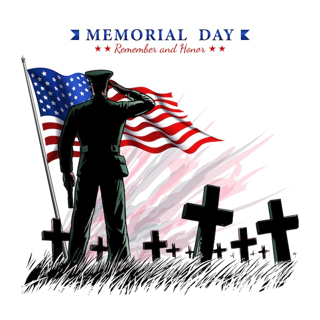 Vettore il giorno dei veterani clipart o simbolo soldato era di fronte alle lapidi e la bandiera americana