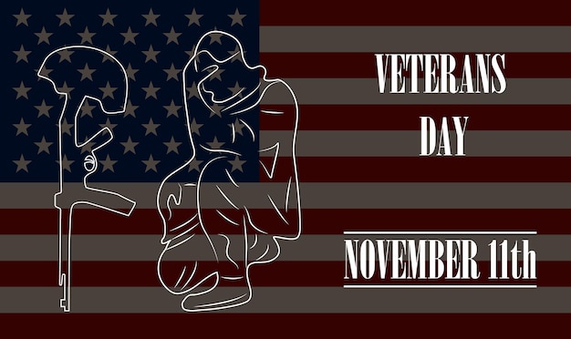 Veterans day concept vector Military event is celebrated in 11th November in United States Soldier grieves for a friend who died in the war The helmet hangs on the rifle USA flag