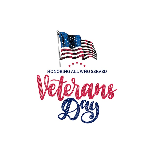 Veterans day, hand belettering met usa vlag illustratie in gravure stijl. 11 november vakantie achtergrond. poster, wenskaart met zin ter ere van iedereen die in vector diende.