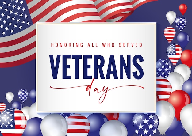 Veterans Day holiday USA banner. Honoring all who served greeting card with flag United States