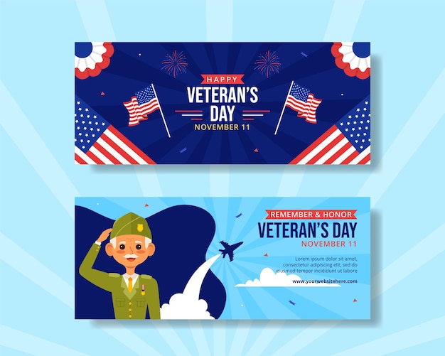 Veterans Day Horizontal Banner Flat Cartoon Hand Drawn Templates Background Illustration