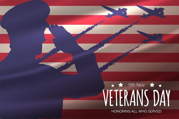 Veterans Day sjabloonontwerp met Amerikaanse vlag en soldaat voor Poster en Banner vectorillustratie. schat