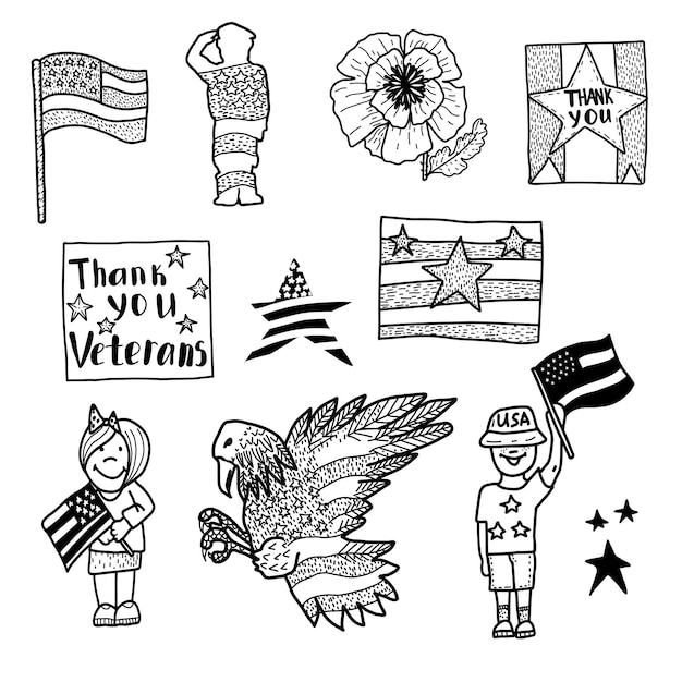 Veterans Day vector hand drawn set American flag red poppy USA government symbols american bald eagle saluting soldier kids with american flag banner thank you veterans