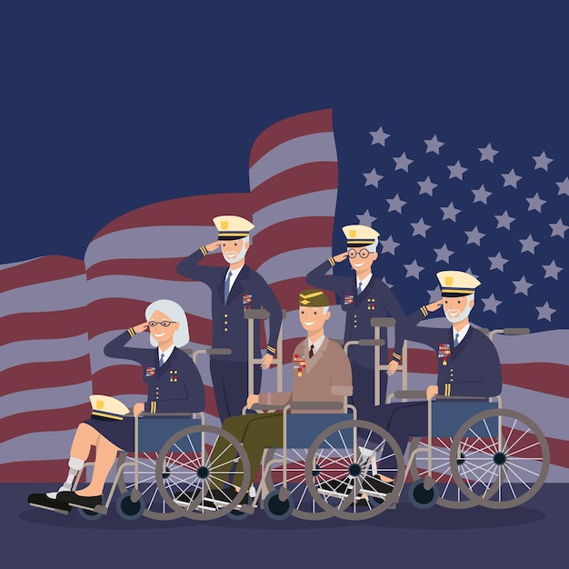 Vector veterans with prosthetics and wheelchairs