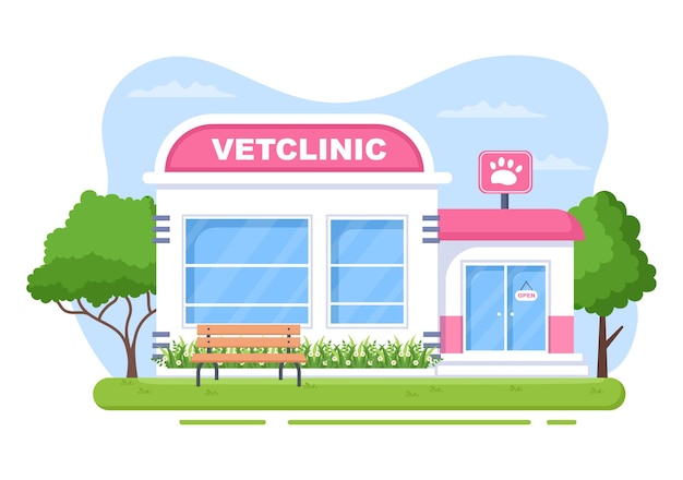 Veterinaire kliniek arts onderzoeken, vaccinatie en gezondheidszorg voor huisdieren zoals honden en katten in platte Cartoon achtergrond vectorillustratie voor poster of banner