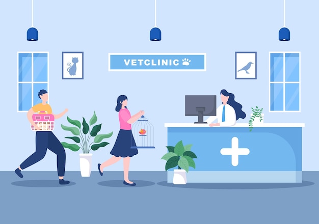 Veterinaire kliniek arts onderzoeken, vaccinatie en gezondheidszorg voor huisdieren zoals honden en katten in platte Cartoon achtergrond vectorillustratie voor poster of banner