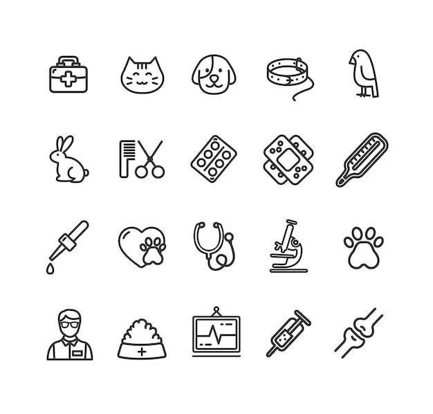 Veterinaire kliniek tekent zwarte dunne lijn Icon Set Vector