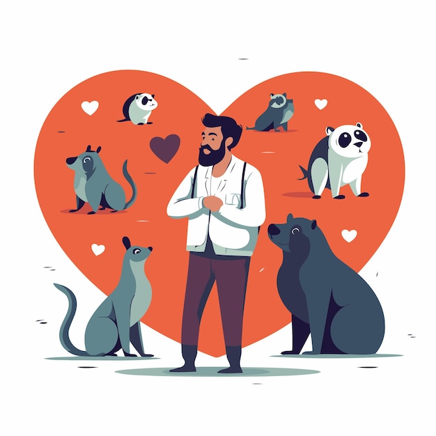 Vector veterinarian and animals in love vector illustration in flat style
