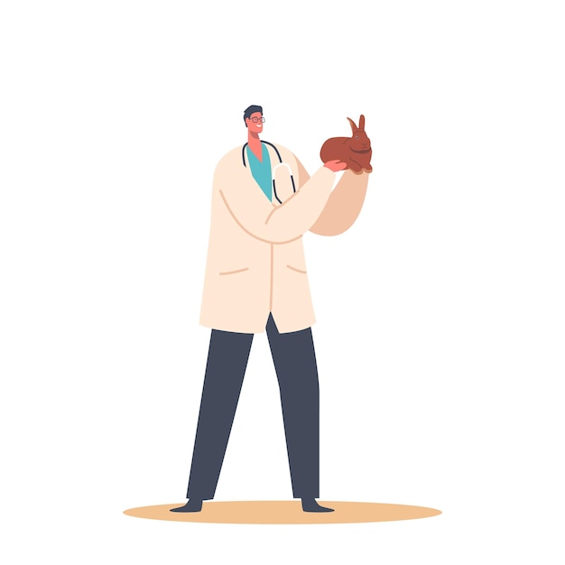 Vector veterinarian doctor character examines rabbit checking health administering vaccinations treating illnesses