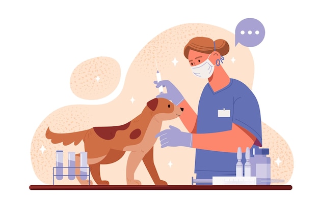 医師のユニフォームを着た女性犬の医師が犬犬の医療に注射をします