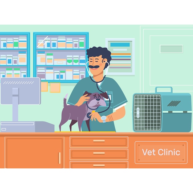 Veterinarian examining a dog in animal hospital