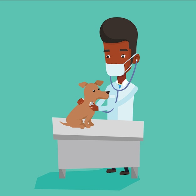 Vector veterinarian examining dog  .