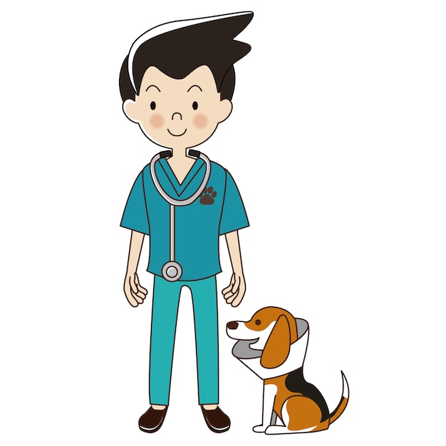 Veterinarian man with be a beagle dog in collar.