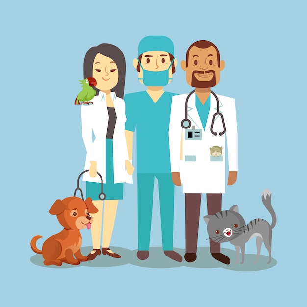 Vector veterinarian staff with cute pets isolated on blue