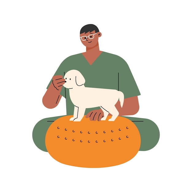 A veterinarian treats a dog on a physiotherapy instrument. flat vector illustration.