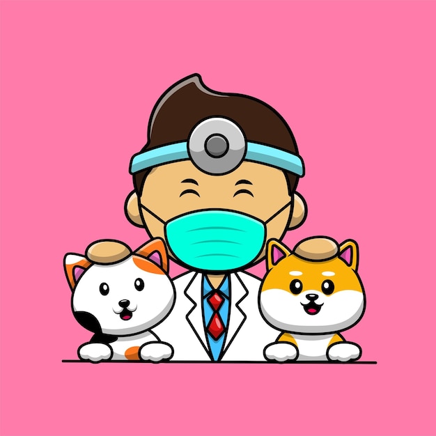 Vector veterinarian with cat and dog cartoon vector icon illustration