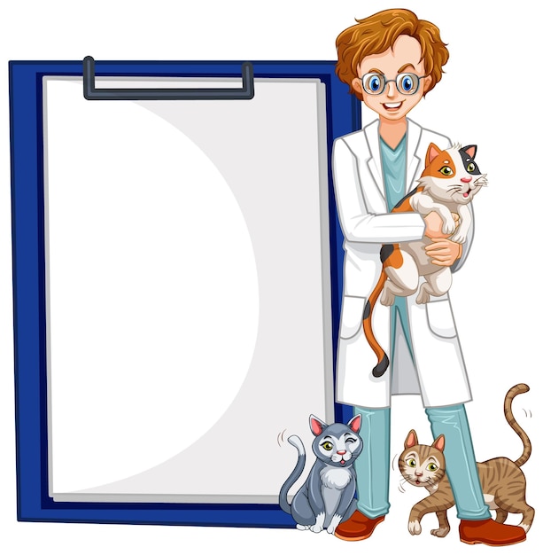 Vector veterinarian with cats and medical clipboard