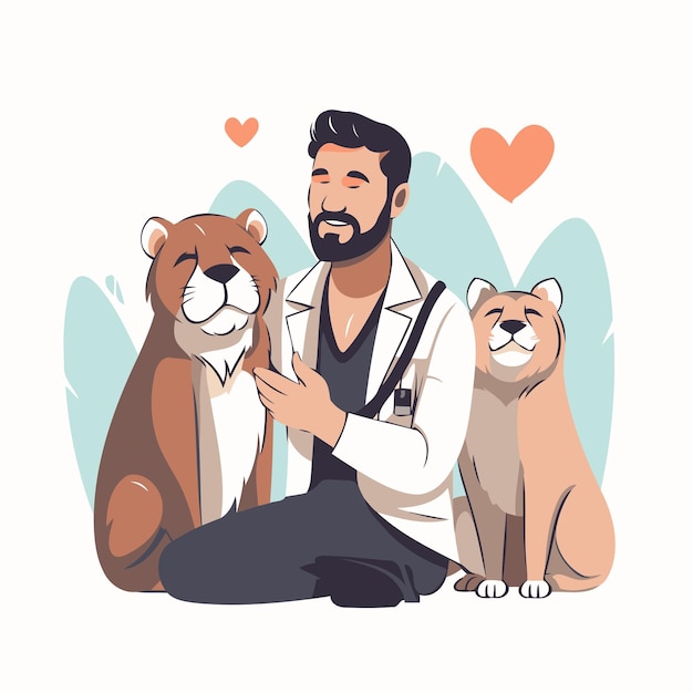 Veterinarian with a dog and cat vector illustration in cartoon style