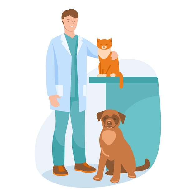 Veterinario con un cane e un gatto. illustrazione vettoriale. stile piatto.