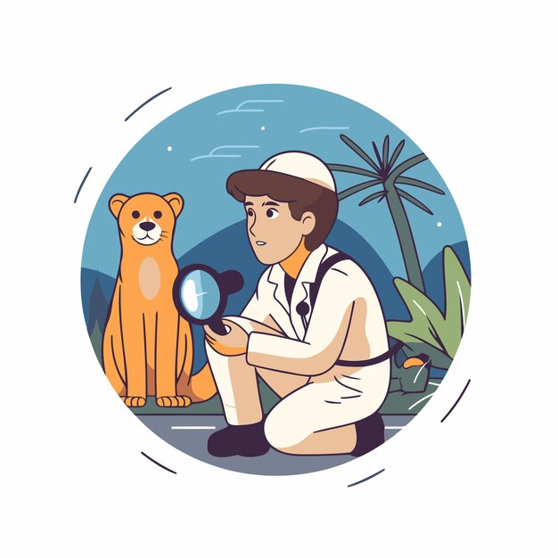 Vector veterinarian with dog and magnifying glass vector illustration