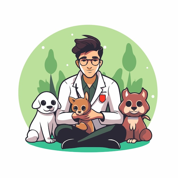 Vector veterinarian with dogs vector illustration in a flat style