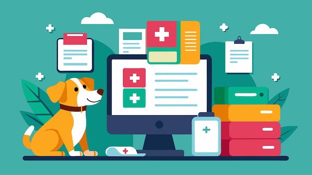 Vector a veterinarians office uses digital medical records instead of paper files to reduce paper waste