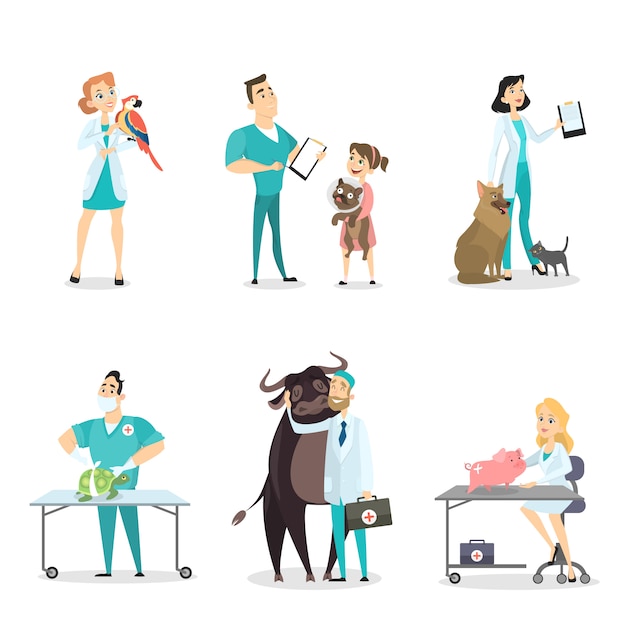 Vector veterinarians with animals set on white background.