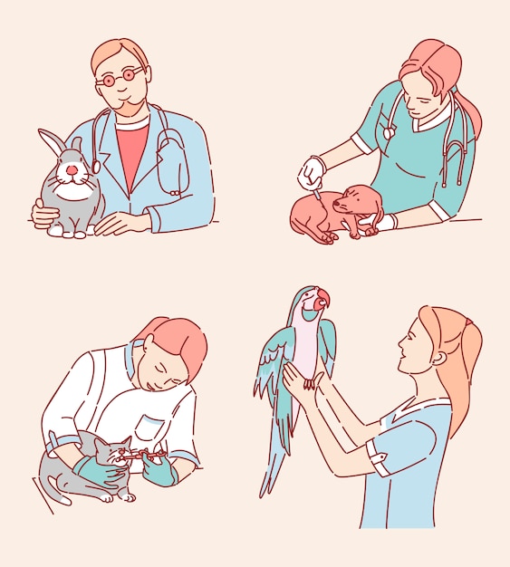 Veterinarians with patients illustrations set. Medical specialists treating domestic animals cartoon characters. Vet clinic services, pet doctor profession design elements pack