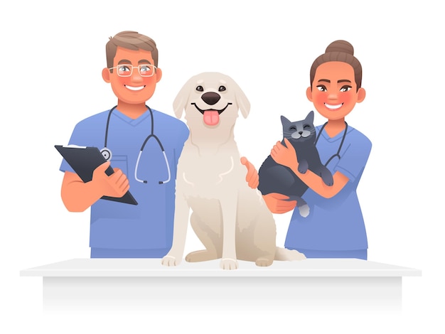 Veterinarians with pets Man and woman workers of the vet clinic with a cat and a dog on a white background Vector illustration in cartoon style