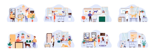 Veterinary clinic bundle of scenes with flat people characters