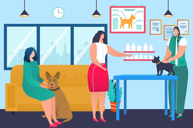 Vector veterinary clinic concept, doctor veterinarian care about dog pet