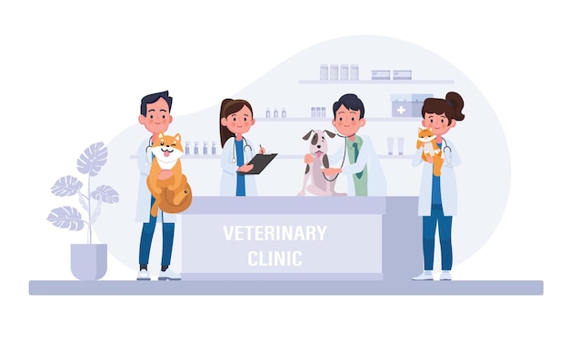 Servizio sanitario della clinica veterinaria o centro medico per animali domestici illustrazione vettoriale colorata a cartoni animati piatti