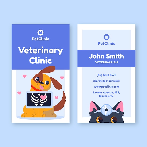 Шаблон вертикальной визитной карточки ветеринарной клиники