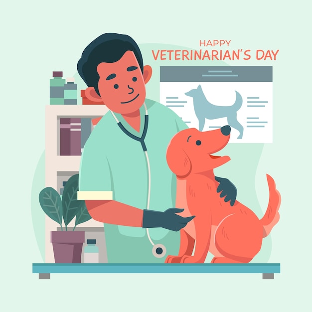 Vector veterinary doctor examining a dog