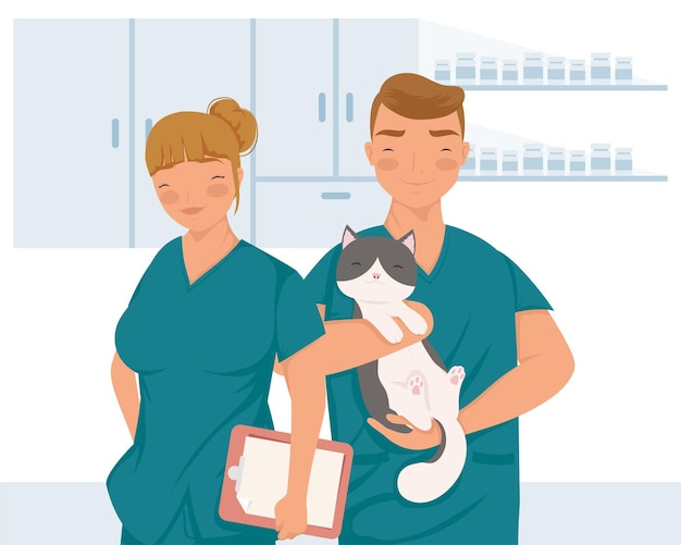 Vector veterinary doctors couple with cat character