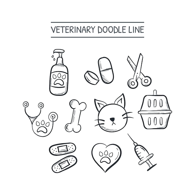 Veterinary equipment doodle line icon pet care grooming medical animal vector illustration