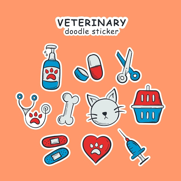 Vector veterinary equipment doodle sticker icon pet care grooming medical animal vector illustration