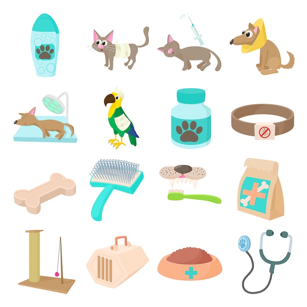 Veterinary icons set in cartoon style isolated vector