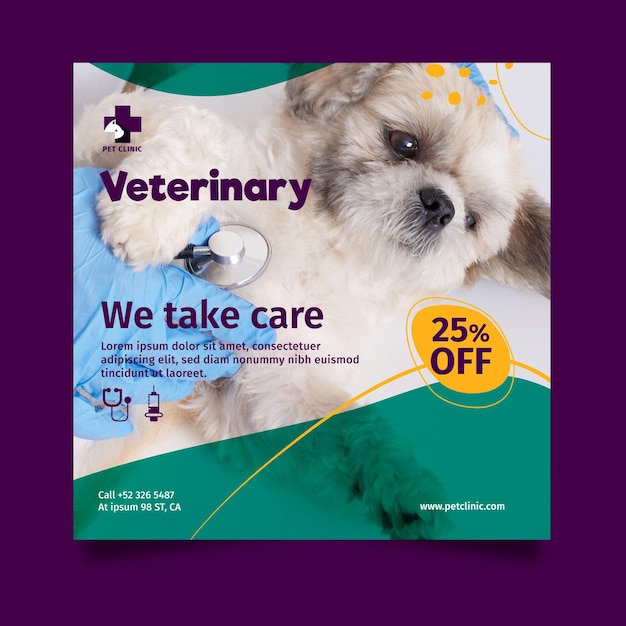 Vector veterinary square flyer template with photo