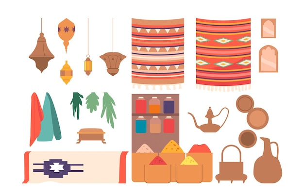 Vibrant bustling arab market items set colorful textiles ornate ceramics aromatic spices and exotic treasures on display creating a rich tapestry of culture and commerce cartoon vector icons