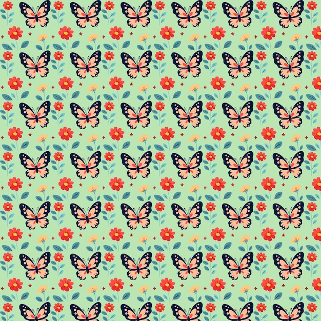 Vector vibrant butterfly and floral pattern on turquoise background