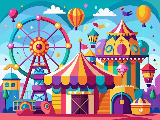 Vibrant carnival with rides games and colorful decorations vector Illustration