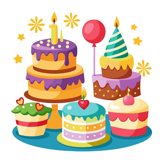 vibrant cartoon birthday cake set with strawberry hearts and sweet fruit toppings