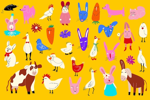 Vibrant cartoon comic easter characters and farm animals